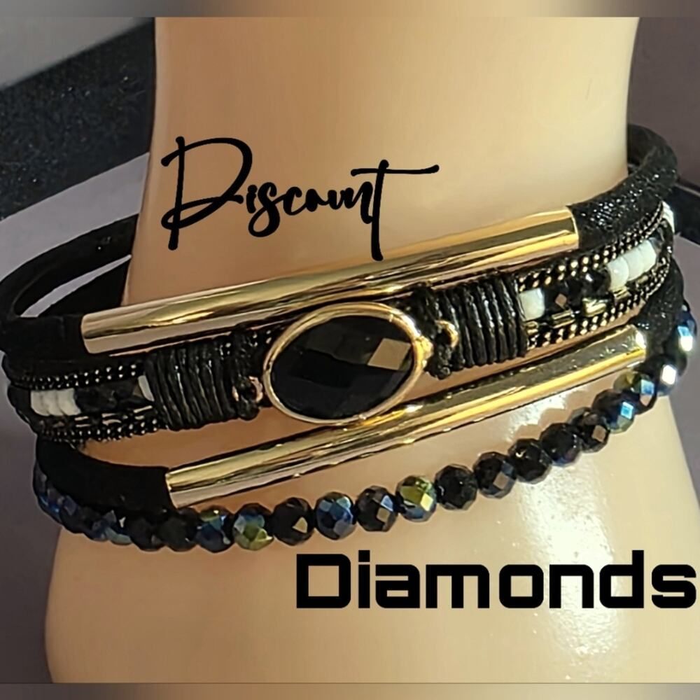 Vintage Black Leather & 18K Gold Plated Bracelet